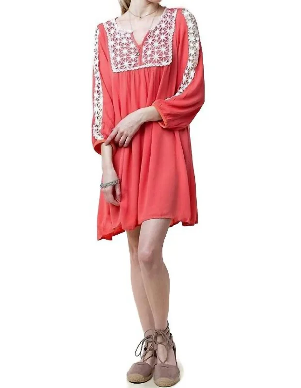 Women's Vacation Outfit Set Lace Peasant Dress In Coral