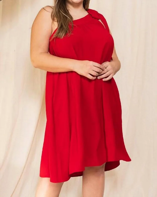 Versatile Women's Fashion Plus Bow Tie One Shoulder Dress In Red