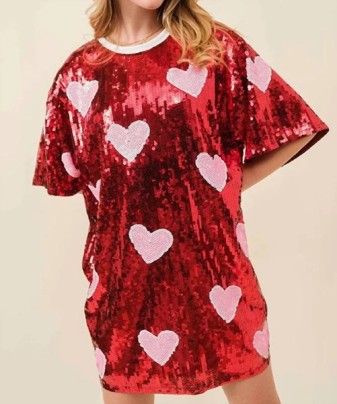 Trendy Athleisure Clothing For Women Valentine's Day Heart Print Sequin Tunic Top Dress In Red/pink