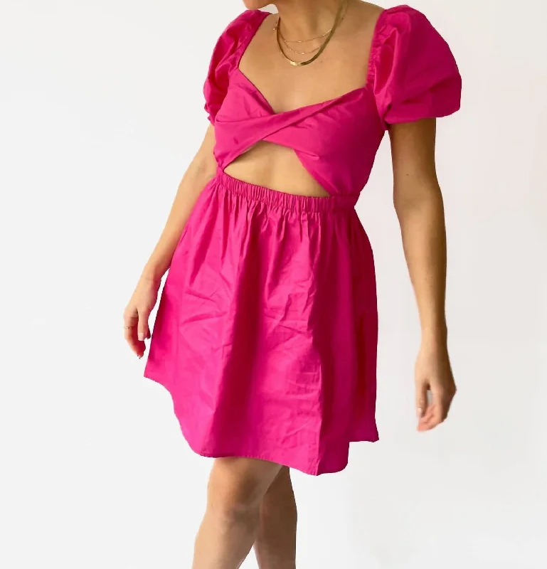 Comfortable Casual Wear Puff Sleeve Dress In Hot Pink