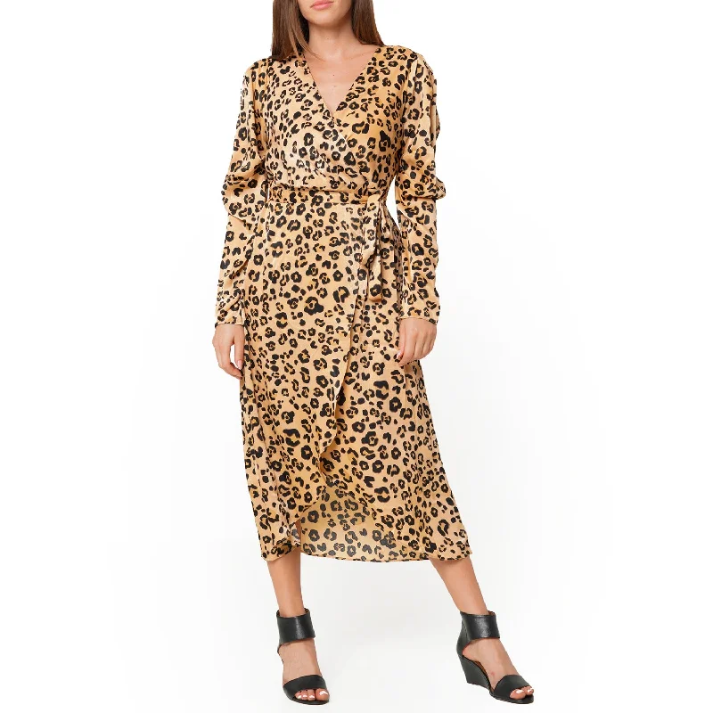 VIP Member Discount Women's Print Puffy Shoulder Dress in Brown Leopard