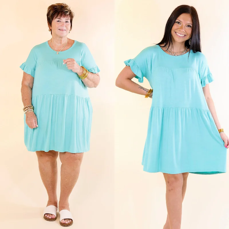 Women's Trendy Outfit Gorgeous Girly Ruffle Sleeve Tiered Dress in Light Blue