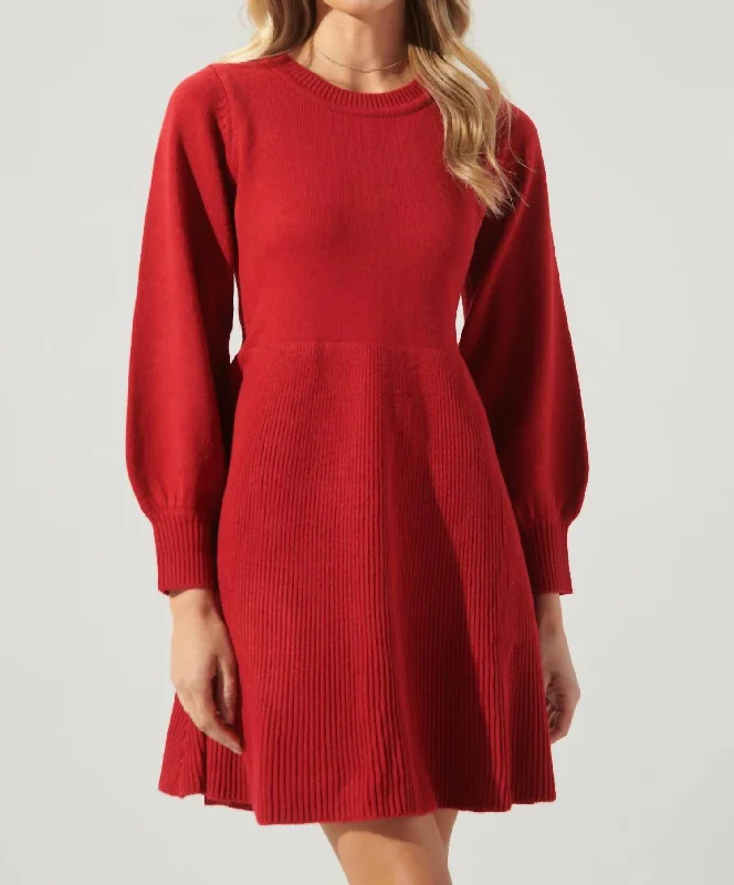 Comfortable Clothes Balloon Sleeve Sweater Dress In Red