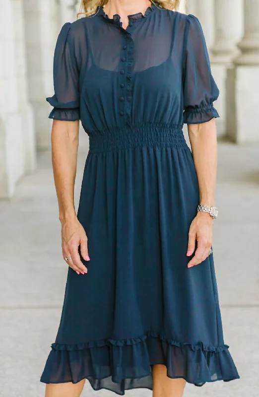 Online Boutiques Affordable Clementine Ruffled Dress In Navy