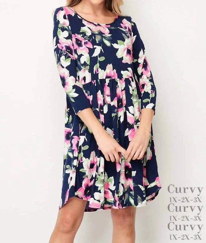 Relaxed Style Flower Dress In Navy