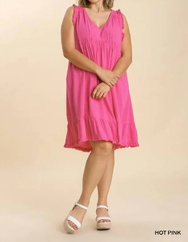 Chic And Comfortable Linen Blend V Neck Dress With Frayed Ruffle Hem Plus In Hot Pink