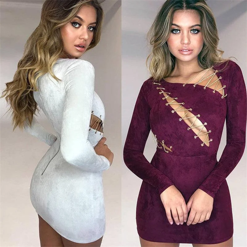 Outfits For Women SUEDE CHAIN LACE-UP DRESS