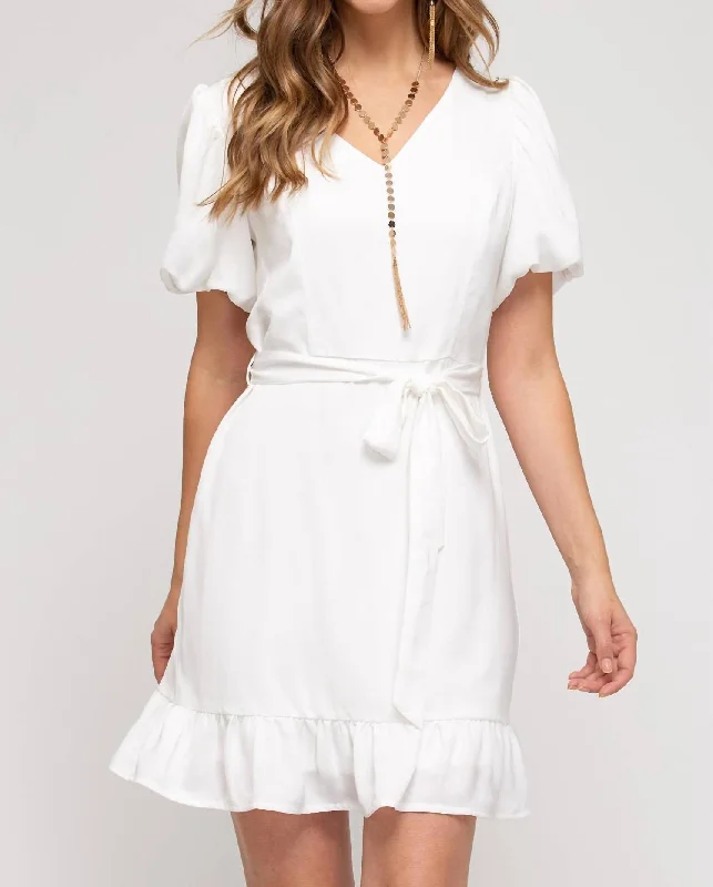 Affordable Luxury Women's Garments Bubble Sleeve Short Dress In White