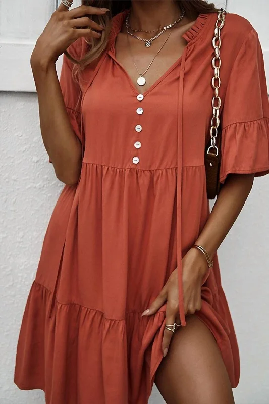 Stylish Loungewear for Women Aurora Button-Up Tie-Neck Dress In Rust