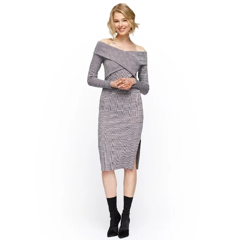 Women's Activewear Garments Women's Glen Plaid Off Shoulder Crisscross Dress In Grey Black