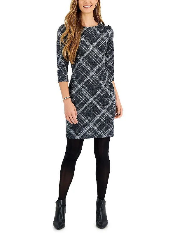 Women's Clothing Petites Womens Plaid Mini Sheath Dress