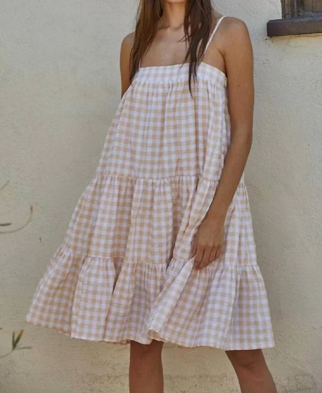 Women's Workout Garments Summer Gingham Dress In White/light Tan