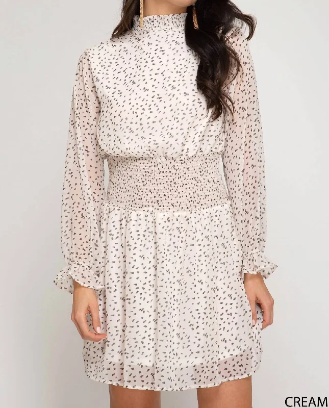 Online Boutiques Affordable Smocked Mock Neck Polka Dot Dress In Cream And Black