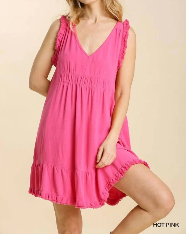 Stylish Dresses for Women Linen Blend V Neck Dress With Frayed Ruffle Hem In Hot Pink