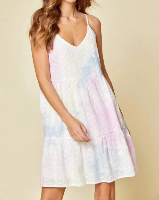 New Arrival Discounts Tie Dye Eyelet Dress In Tie Dye - Pink, Blue, Yellow, White