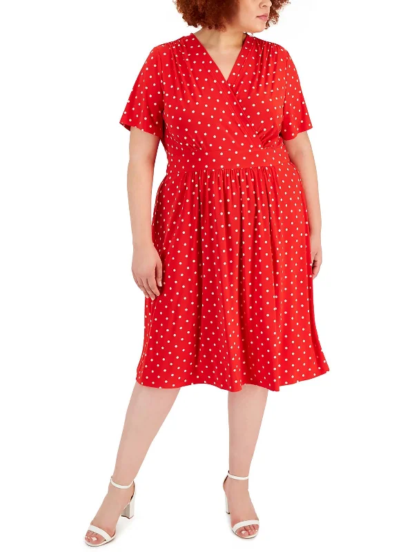 Women's Charming Outfit For Events Womens Jersey Polka Dot Fit & Flare Dress