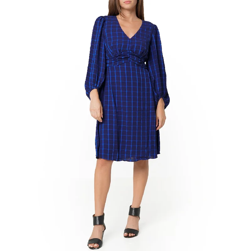 Women's Outerwear Clothing V-neck Checkered Dress in Night Plaid