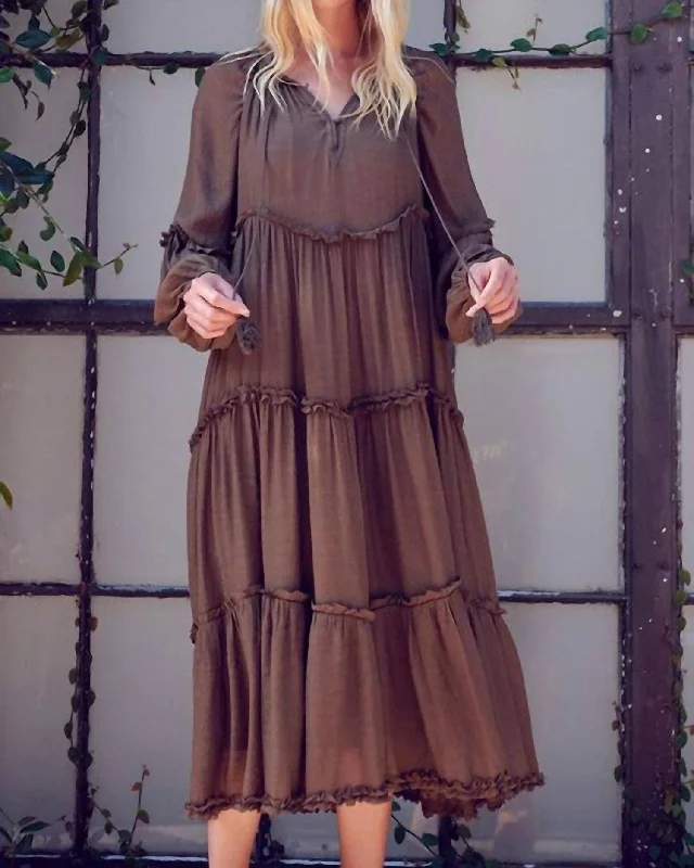 Trendy Street Style Boho Tiered Ruffle Dress In Chocolate