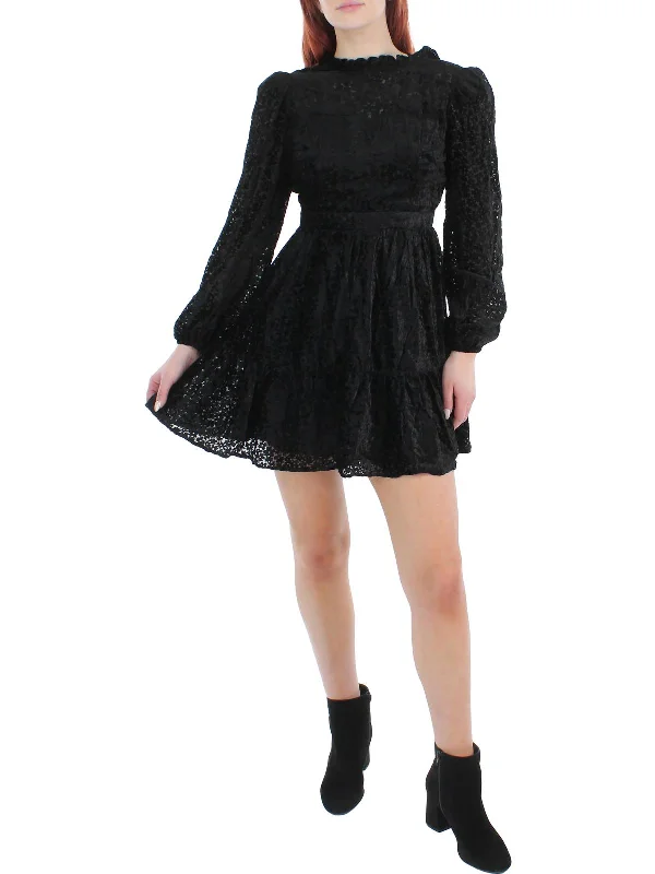 Sophisticated Style Womens Crushed Velvet Ruffle Fit & Flare Dress