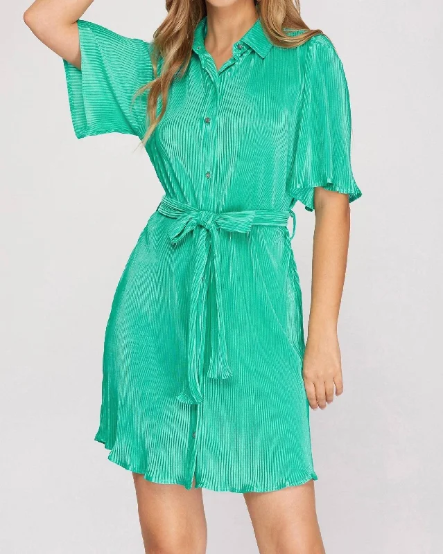 Winter Wardrobe Clearance Half Sleeve Plisse Button Down Dress In Green