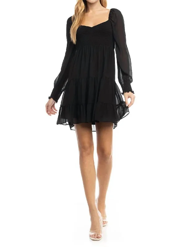 Flash Sale Or Flash Sales Long Sheer Sleeve Smocked Tiered Dress In Black