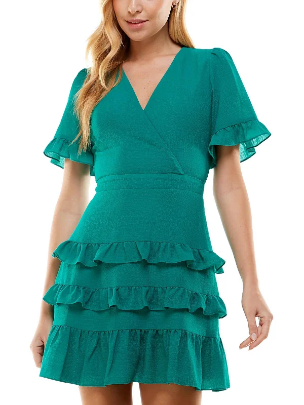 Women's Clothing Stores Juniors Womens Crepe Ruffled Fit & Flare Dress