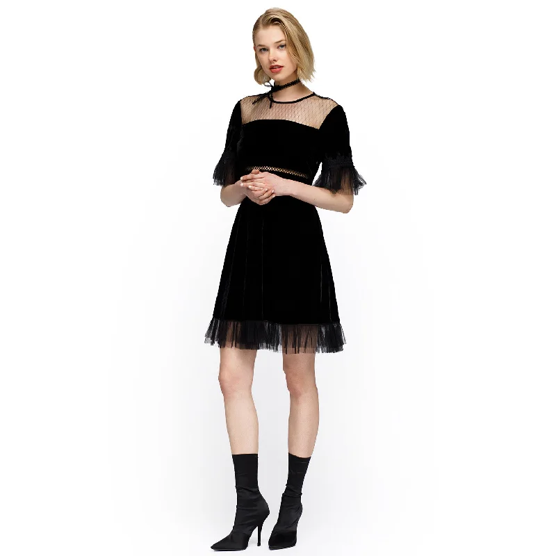 Graceful Fashion Women's Mesh Contrast Velvet Dress In Black