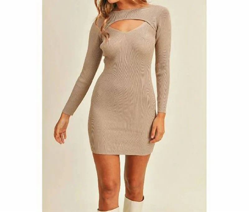 Comfortable Outfit For Women Ribbed Sweater Dress With Cut Out Chest In Mocha