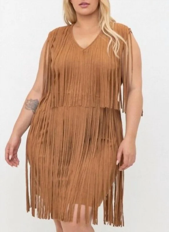 Clothes Sales Faux Seude Fringe Tunic Dress In Brown