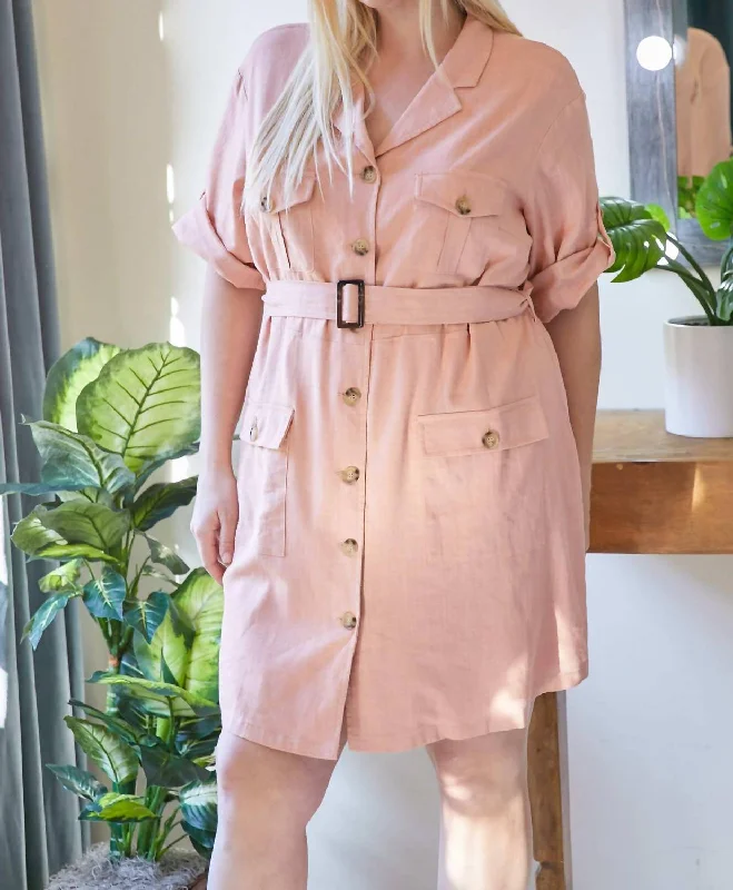 Vintage Fashion Belted Shirt Plus Dress In Pink