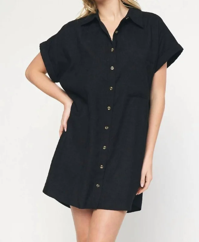 Timeless Elegance Corduroy Short Sleeve Button Up Dress In Black