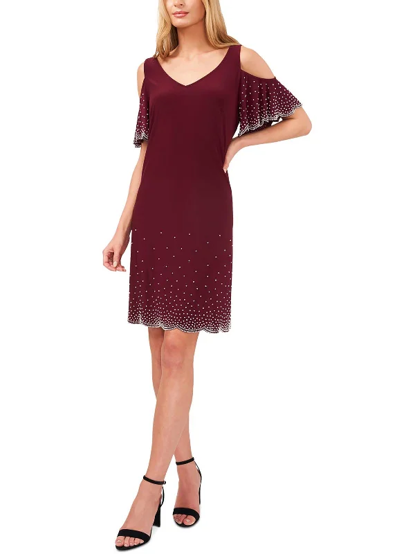 Women's Elegant Formal Outfit Womens Beaded Cold Shoulder Cocktail Dress