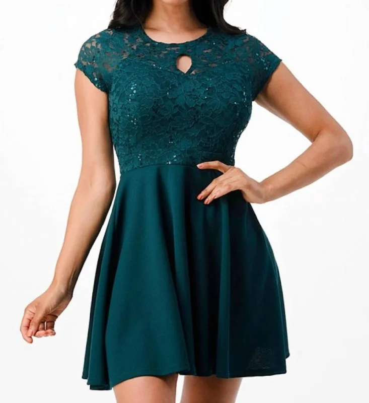 Women's Elegant Clothing Sets Short Sleeve Lace Top Skater Dress In Hunter Green