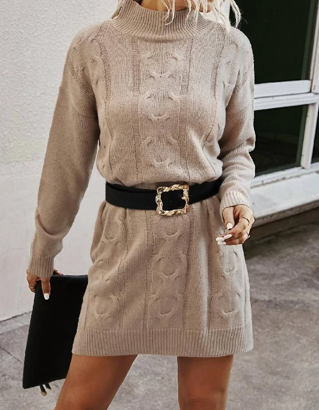 Trendy Women's Dresses Online Mock Neck Knit Sweater Dress In Beige