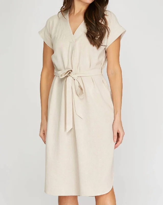 Vibrant Styles Drop Short Sleeve Waist Tie Linen Dress In Natural