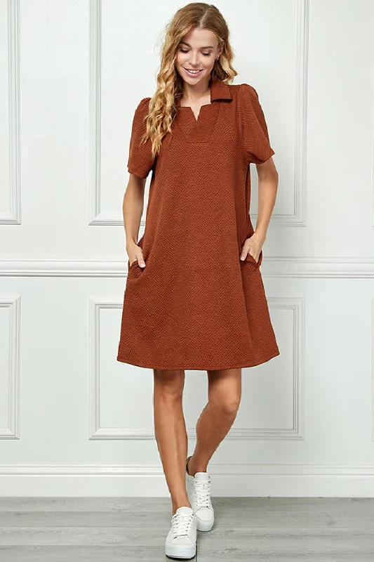 Fashionable Women's Clothes Collared Textured Dress-Rust