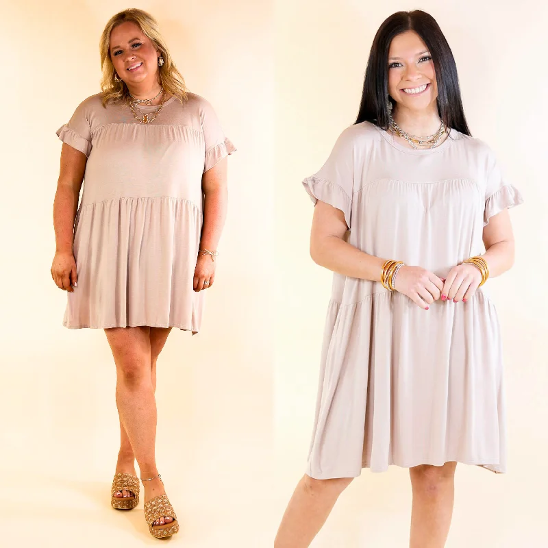 Women's Apparel And Garments Gorgeous Girly Ruffle Sleeve Tiered Dress in Taupe