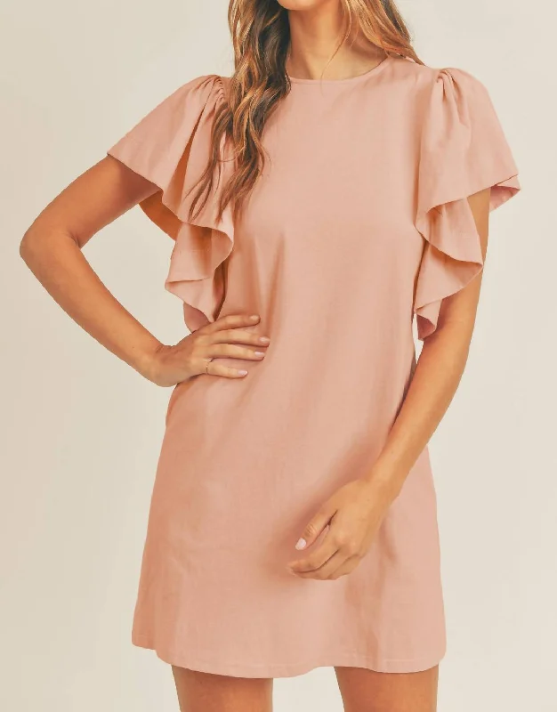 Women's Chic Outfit Cotton T-Shirt Big Ruffle Sleeve Dress In Dusty Rose