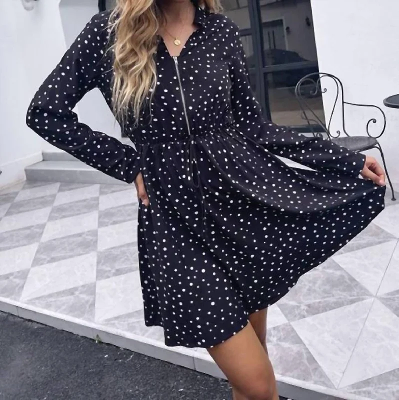 Timeless Women's Garments Zip Up Polka Dot Dress In Black