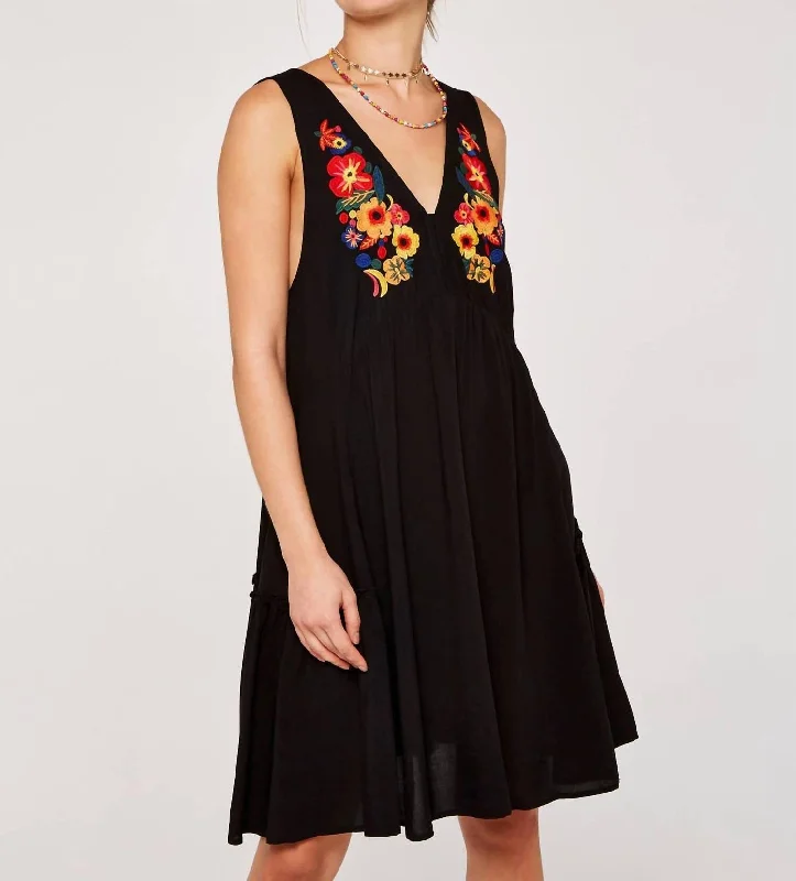 Online Boutiques Best Embroidered Swing Dress In Black