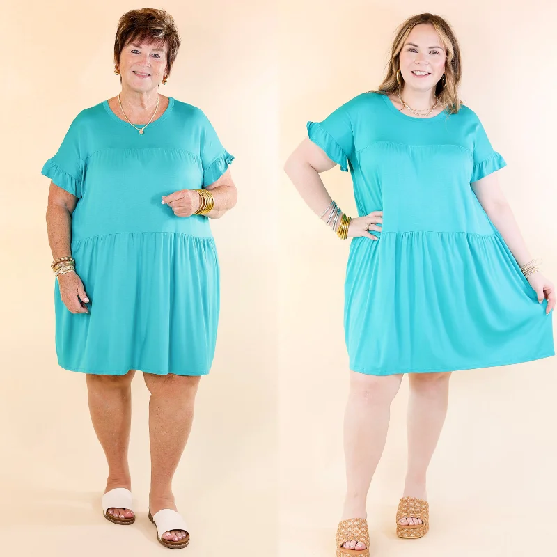 Women's Fashion Essentials Gorgeous Girly Ruffle Sleeve Tiered Dress in Teal