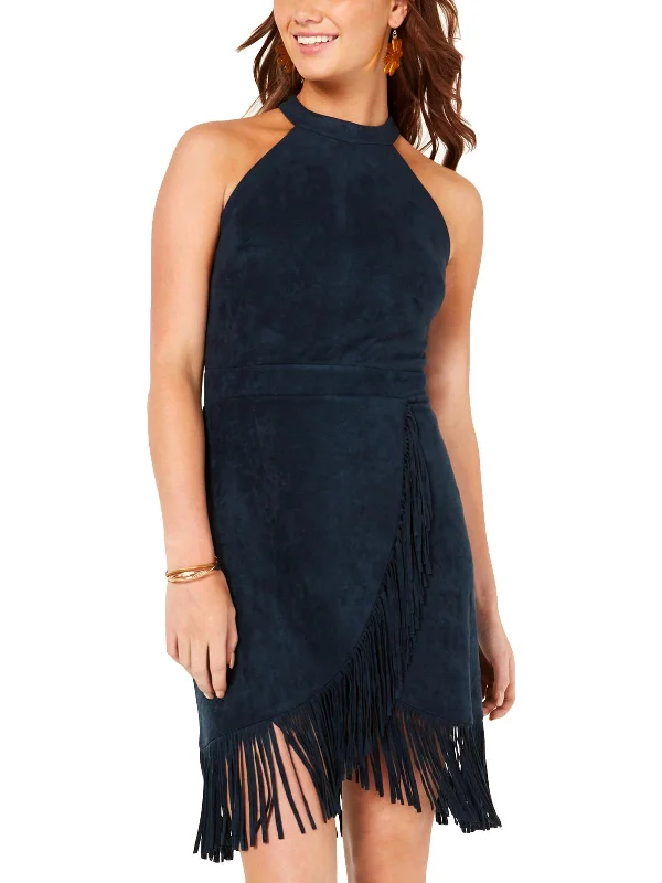 Online Boutiques Best Juniors Womens Faux Suede Fringe Halter Dress