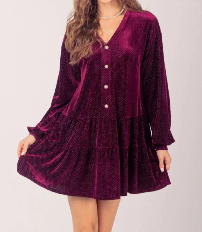 Vibrant Styles Velvet Flounce Dress In Burgundy