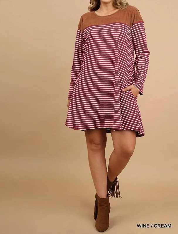 Casual Chic Stripe Plus Dress With Suede Shoulders And Elbow Patch In Wine/brown