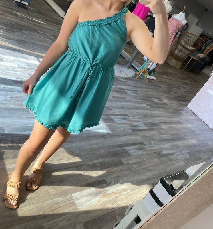 Winter Wardrobe Clearance One Shoulder Ruffle Dress In Teal