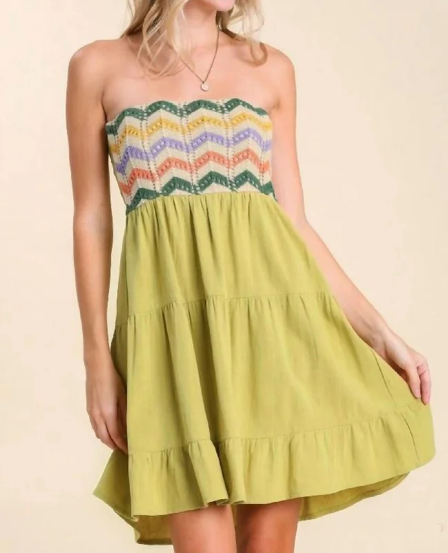 Online Boutique Stores Linen Blend Strapless Tiered Dress With Crochet Overlay In Avocado