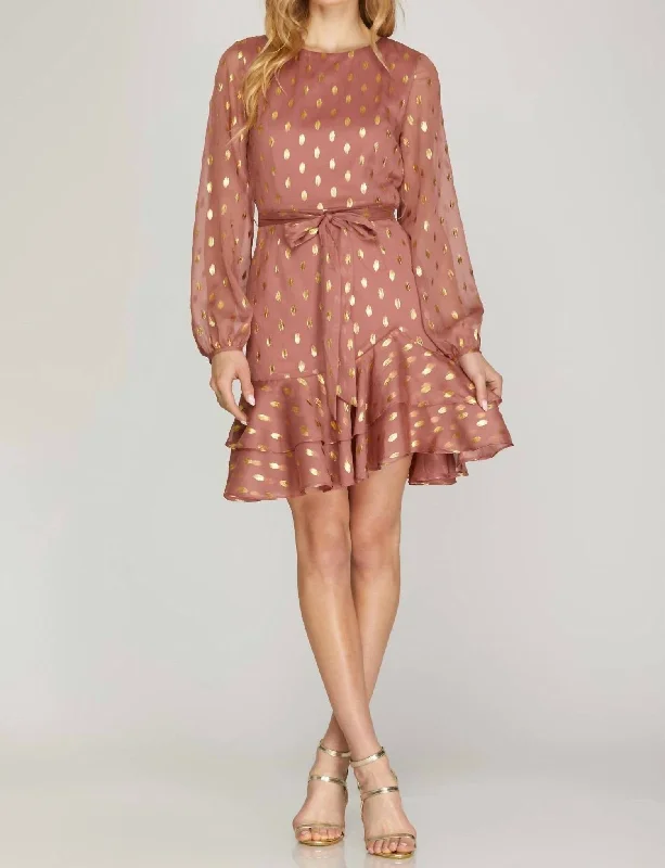 Affordable Luxury Women's Garments Gold-Dot Chiffon Dress With Ruffled Hem In Dusty Rose