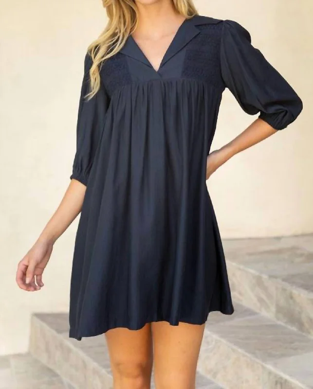 Limited Time Offer Smocking Detail Wide Collar Dress In Navy