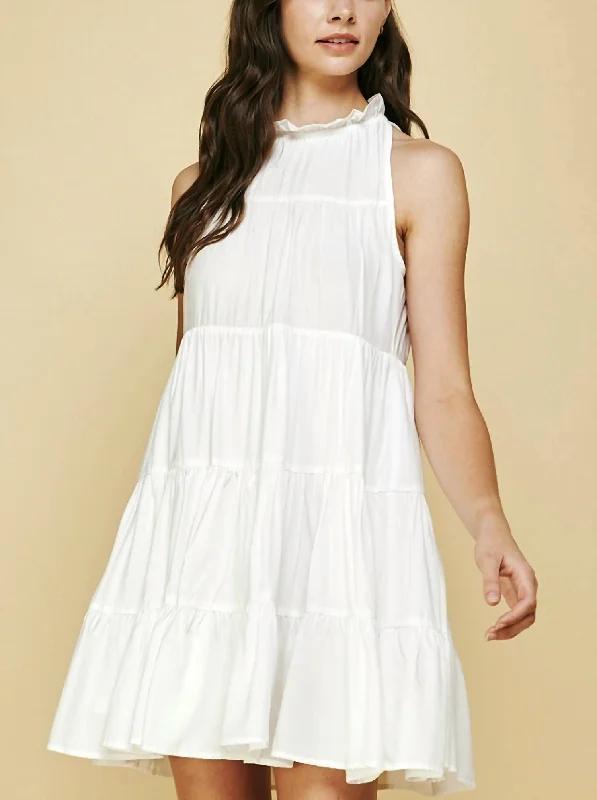 Holiday Special Offers Tiered Ruffle Halter Dress in White