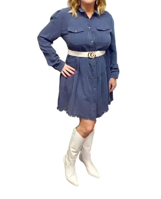 Sale For Women Button Front Collared Tiered Ruffle Dress With Frayed Hem In Navy